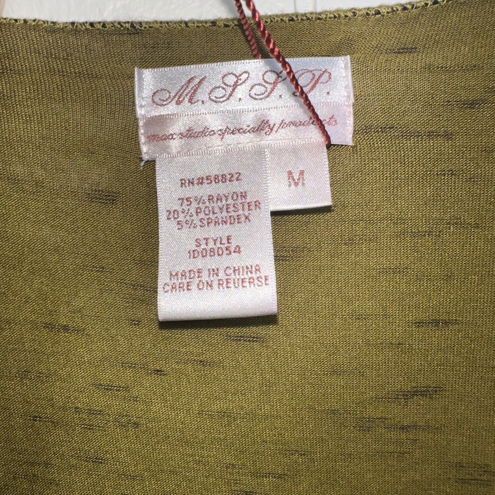 MSSP Max Studio Olive Green Ruched Faux Wrap Mini Dress Long Sleeve Space Dye M‎ - Picture 2 of 6